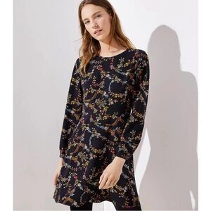 LOFT Plus Black Flower Garland Flare Long Sleeve Dress - Sz 18